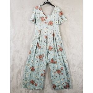 Vintage Jumpsuit Women 12 Blue Floral Pleated Wide Leg Palazzo Cottage Boho